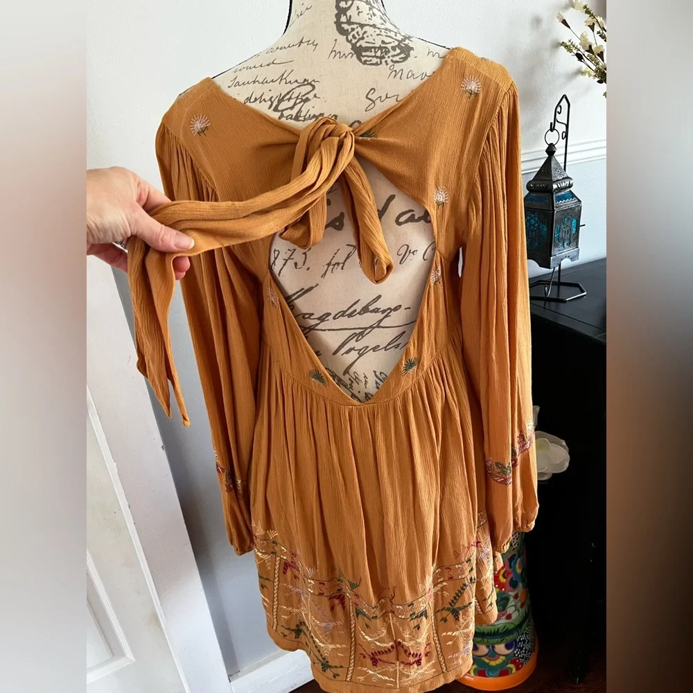 NWT Free People Mustard Yellow Bishop Sleeve Sundress Embroidered Small Mini